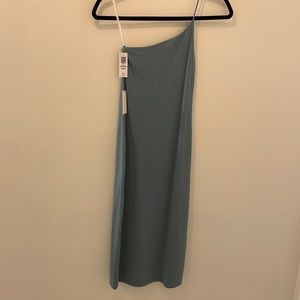 Aritzia blue asymmetrical bodycon midi dress